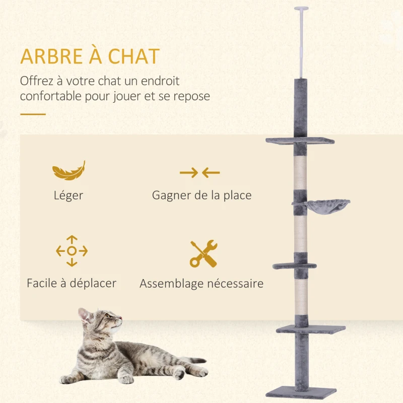 PawHut Arbre chat du sol au plafond poteau à griffer L40 x l 34 x H 230-260 cm 5 niveaux d'activités gris