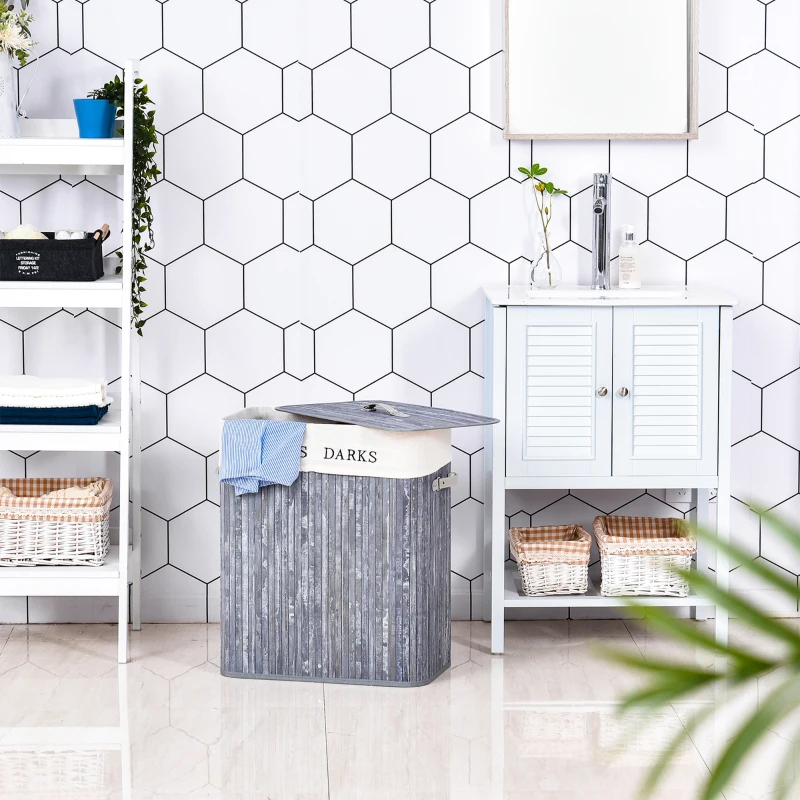 HOMCOM Bambus Wäschekorb mit Deckel 100 L Wäschesammler mit PU-Griffen, Wäschesack aus Segeltuch, Laundry Baskets Wäschesortierer für Waschküche Schlafzimmer Badezimmer Grau