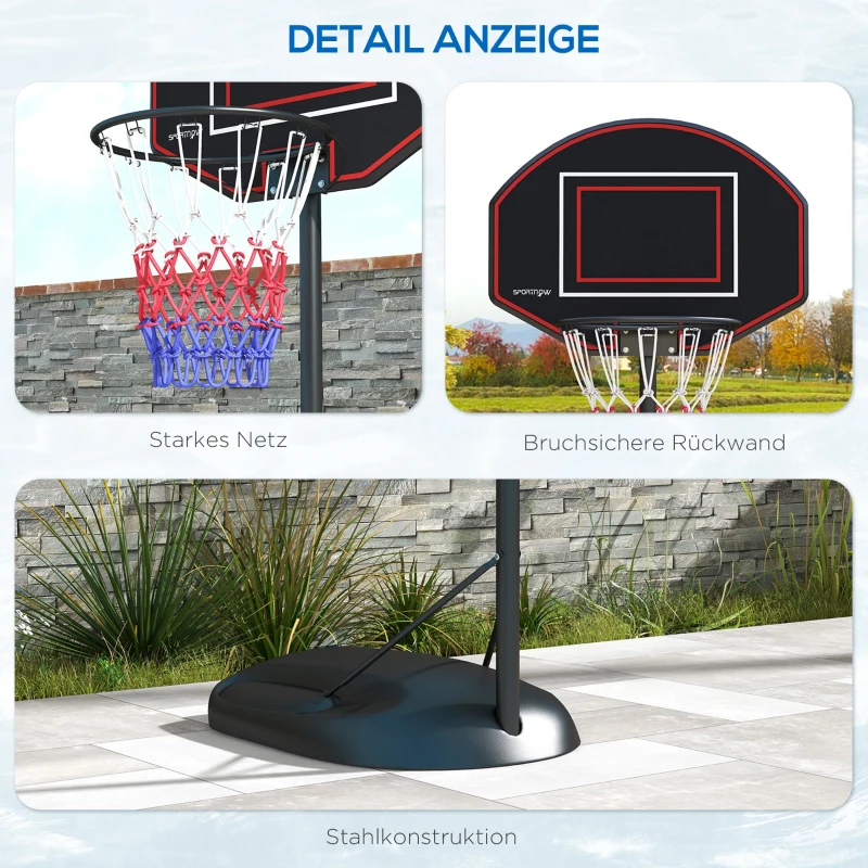 SPORTNOW Basketballständer, höhenverstellbar, robust, 1,7-2,3 m Korbhöhe, Stahlrahmen, Schwarz