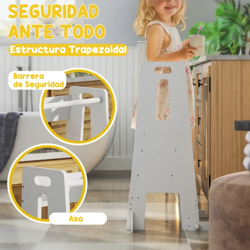 AIYAPLAY Torre de Aprendizaje para Niños con Pedal Altura Ajustable en 3 Niveles y Barrera de Seguridad 45x47,5x91 cm Blanco