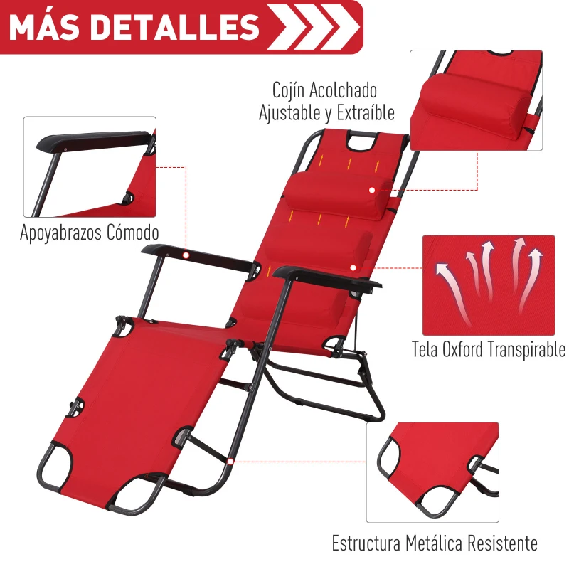 Outsunny Tumbona Relax Plegable con Respaldo Ajustable Reposabrazos Almohada y Reposapiés Carga 136 kg 135x60x89 cm Rojo