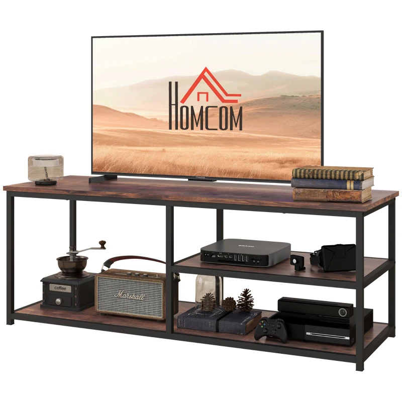 HOMCOM TV Unit for 55 inch TVs, Industrial TV Table with 2 Storage Shelves and Metal Frame, Entertainment Unit For living Room, Rustic Brown
