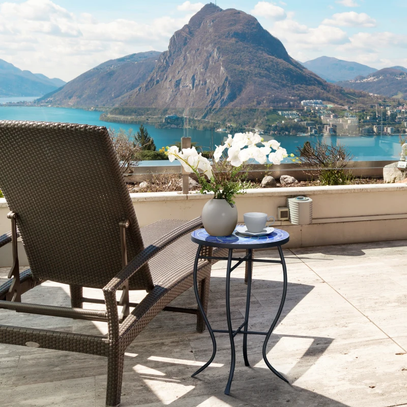 Outsunny Tavolino da Giardino Rotondo a Mosaico in Metallo con Piano in Ceramica, Ф35.5x53.5cm