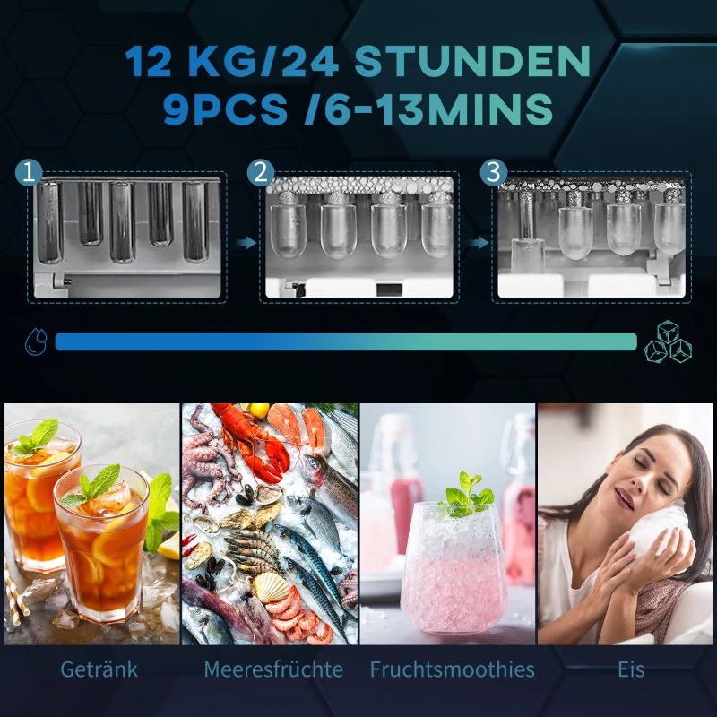 HOMCOM Eiswürfelmaschine, 2, 2 Liter, 12 kg in 24 h, Eiskugeln, selbstreinigend, inkl. Eiswanne + Eisschaufel, Rot