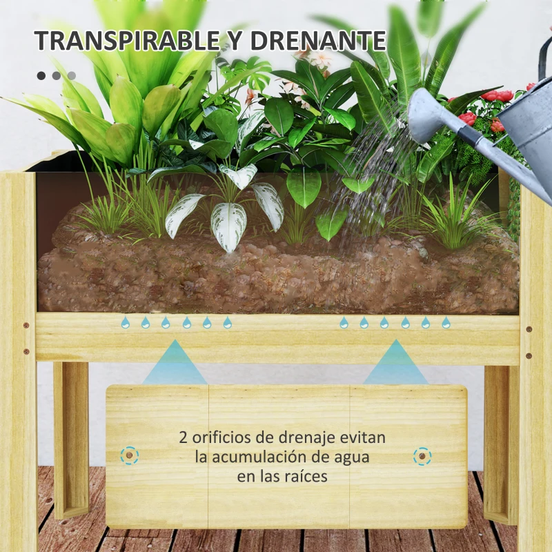 Outsunny Jardinera Elevada de Madera con Paneles Acrílicos para Flores y Vegetales con  Drenaje y Capacidad de 68L 75x46x60,5 cm