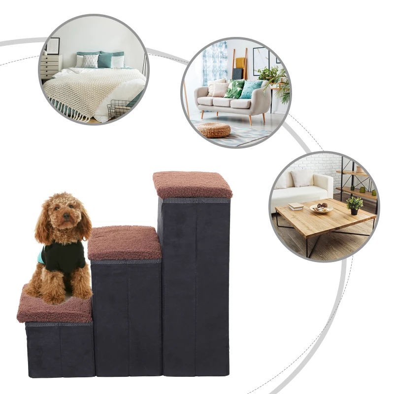 PawHut Escalier pour chien animaux pliable rampe 3 marches polaire amovible coffre interne rangement dim. 51L x 40l x 50H cm MDF polaire marron noir