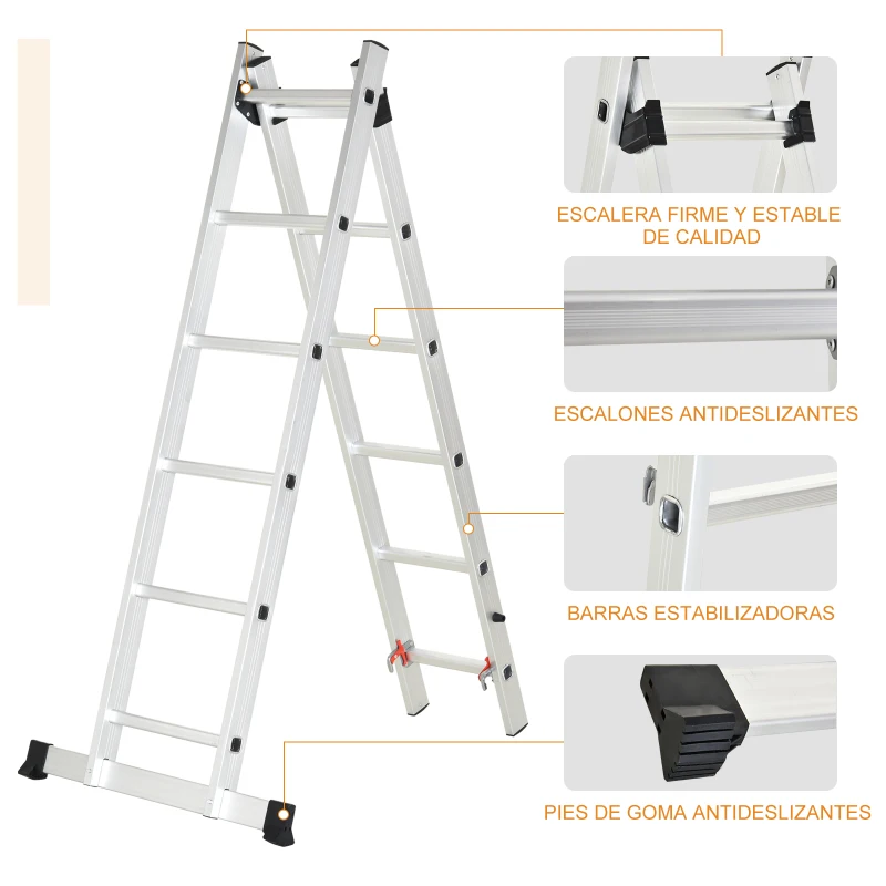 HOMCOM Escalera Aluminio Triangular de Tijera Plegable Portátil 2 Formas de Uso Pie Antideslizante Altura 160-249 cm Plata