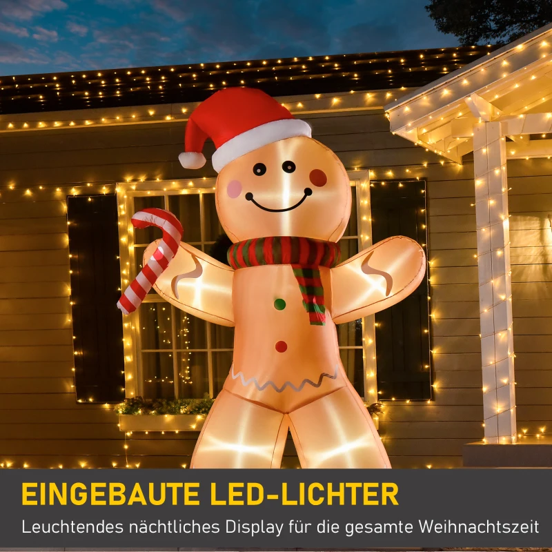 HOMCOM Selbstaufblasender Lebkuchenmann, inkl. Gebläse, Weihnachtsdekoration 2,4 m mit LED-Lichtern