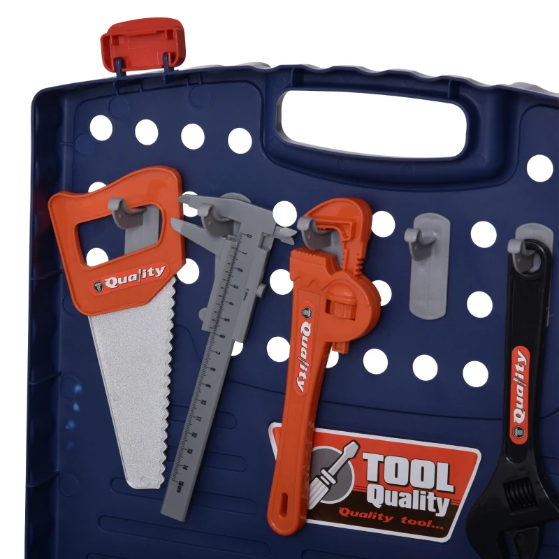 HOMCOM Banco da Lavoro Giocattolo Pieghevole con 68 Attrezzi Inclusi per Bambini 3-6 Anni, Blu e Grigio, 40x43x72cm