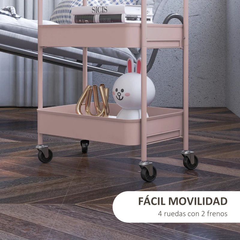 HOMCOM Carrito de Almacenamiento con 3 Cestas y Marco de Acero para Salón Dormitorio Oficina Cocina 45x30,6x79 cm Rosa