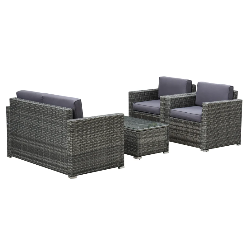 Outsunny Set da Giardino 4 Pezzi in Rattan PE e Acciaio, con Divano, 2 Poltrone e Tavolino da Caffè, Grigio