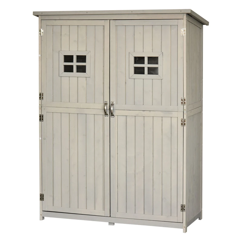 Outsunny Abri de Jardin en bois Armoire de Jardin dim. 127,5L x 50l x 164H cm 2 étagères 2 Portes 2 fenêtres Toit bitumé étanche Bois Massif Sapin pré-huilé Gris