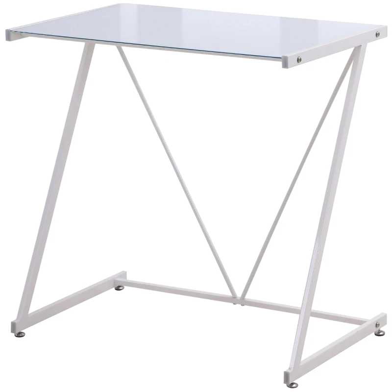 HOMCOM Escritorio Mesa de Ordenador 80x50x75 cm con Encimera de Vidrio Templado y Patas de Metal Carga 80 kg Estilo Moderno para Oficina Estudio Dormitorio Blanco