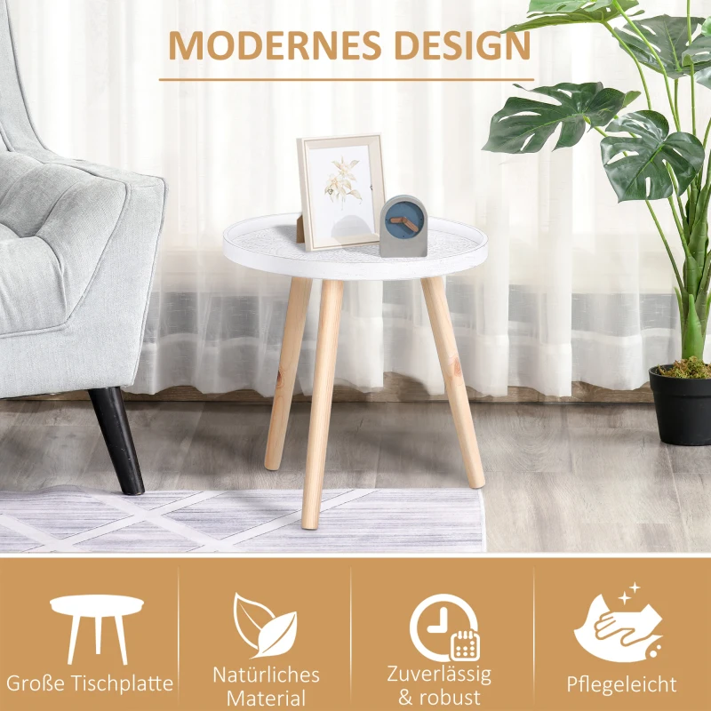 HOMCOM Beistelltisch mit hoher Kante, Kaffeetisch mit schönem Muster, Nachttisch,  Massivholz, MDF, Weiß, Ø40 x 40,5 cm