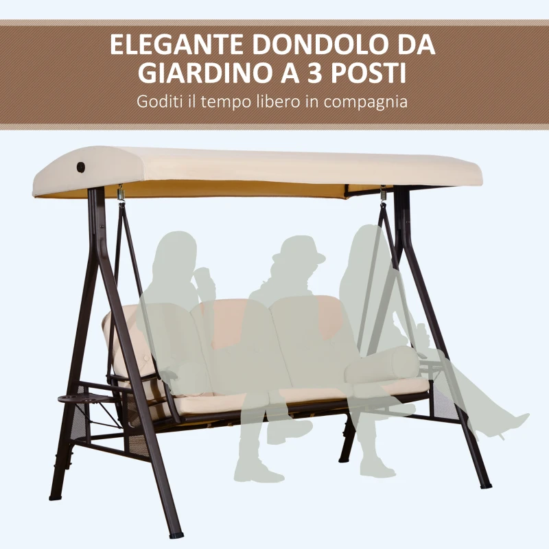 Outsunny Dondolo 3 Posti con Tetto Regolabile, Portabicchieri e Cuscini, in Metallo e Poliestere, 208x121x172 cm, Beige