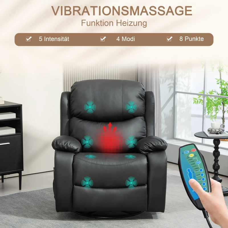 HOMCOM Massagesessel, Wärme- & Liegefunktion, Kunstleder, bis 150kg, 97x92x104cm, Schwarz(m-4)