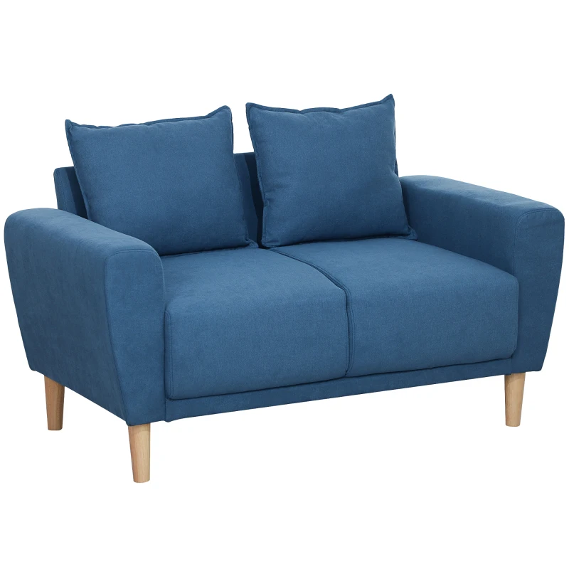 HOMCOM Zweisitzer-Sofa, moderne Stoffcouch, 2 Rückenkissen, Eukalyptus-Holzrahmen, 133 x 73 x 81 cm, Blau