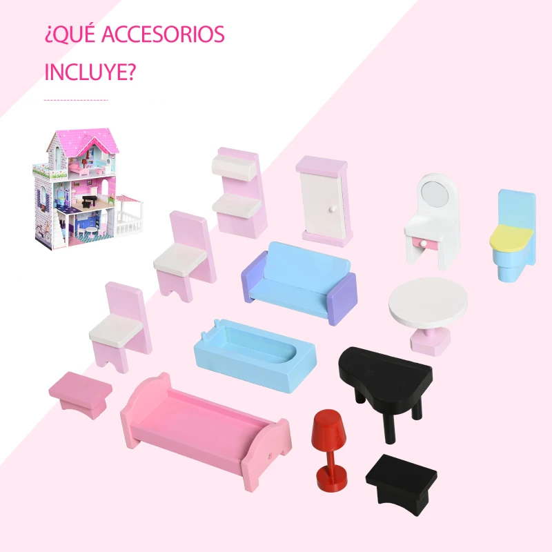 HOMCOM Casa de Muñecas de Madera de 3 Pisos con Patio 86x30x87 cm Muebles Accesorios de 13 Piezas Diseño Lindo Casita Muñecas de Juguete Madera Rosa
