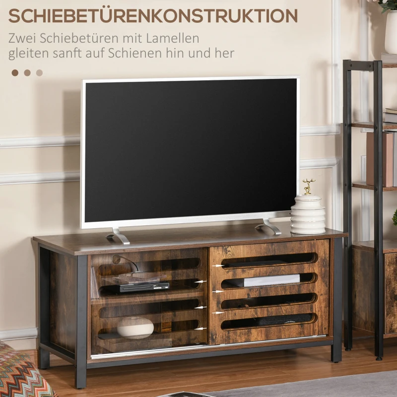 HOMCOM TV Schrank Fernsehschrank Fernsehtisch TV Lowboard Kommode für Fernseher kleiner als 50" mit 2 Türen Regal Industriedesign Wohnzimmer Schlafzimmer Metall Rustikal-Braun 120 x 42 x 52 cm