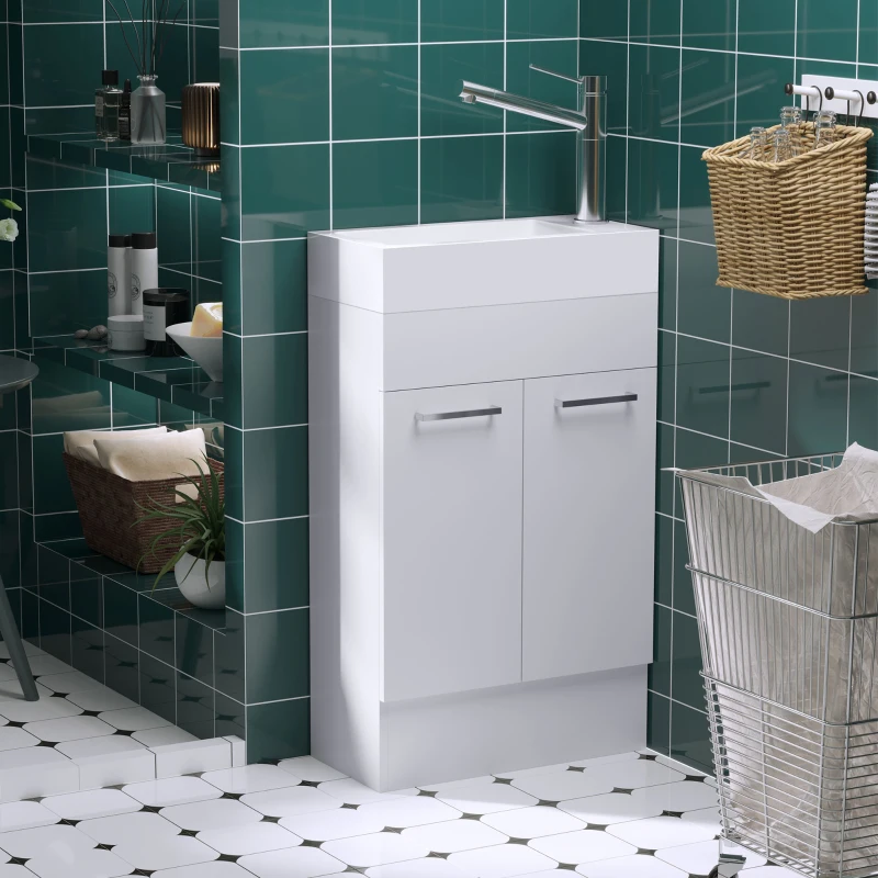 kleankin Mueble de Baño con Lavabo Cerámico con 2 Puertas Estilo Moderno Carga 50 kg 50x86x25 cm Blanco