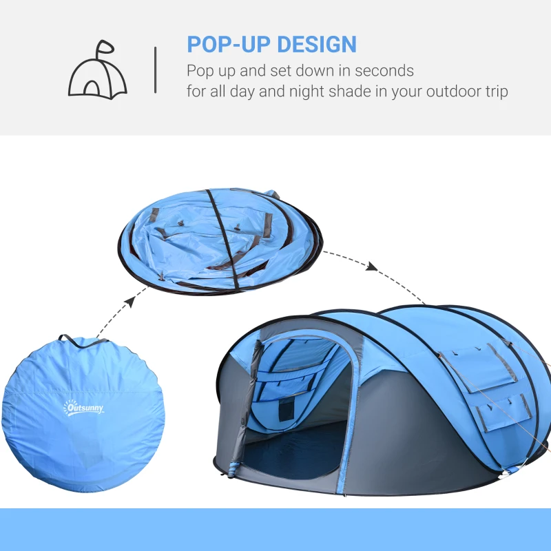 Outsunny 4 Person Pop-up Camping Tent Family Tent with Ground Sheet, 4 Windows and Portable Carry Bag for Beach Outdoor Trip, Sky Blue