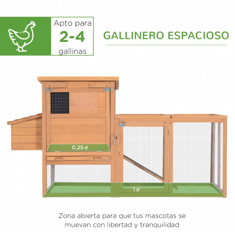 PawHut Gallinero de Madera para Exterior Jaula para Gallinas Grande con Zona Abierta Ponedero Bandeja Extraíble Techo Asfáltico Abatible y Rampa 190x81x103 cm Natural