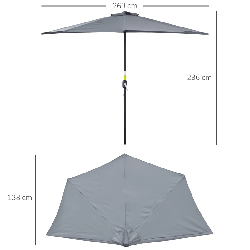 Outsunny Ombrellone Semicircolare da Parete con Manovella, in Poliestere e Metallo, 2.7x2.4 m, Grigio