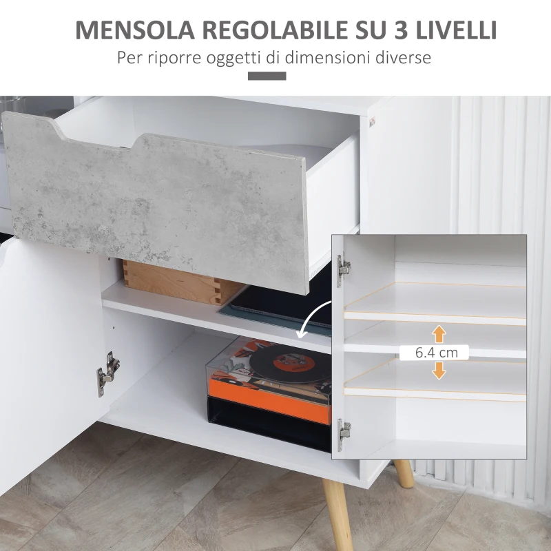 HOMCOM Mobile da Salotto con 2 Armadietti a 2 Ante e Cassetto in Truciolato e Pino, 98x39x81.5 cm, Grigio e Bianco