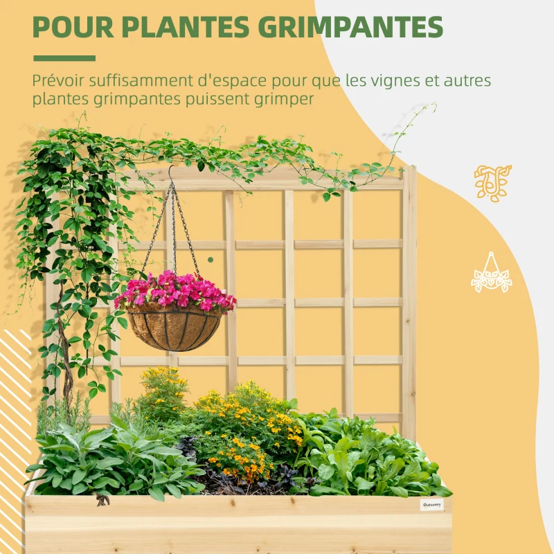 Outsunny Jardinière carré potager en bois avec treillis pour plantes grimpantes, légumes - 110 x 116 x 120 cm naturel