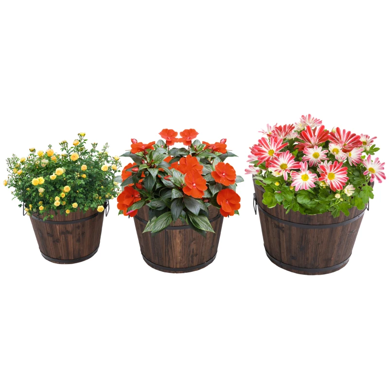 Outsunny 3PCs Solid Wood Garden Raised Barrels Bucket Planter Flower Pot Beds w/ Handle Carbonized Colour