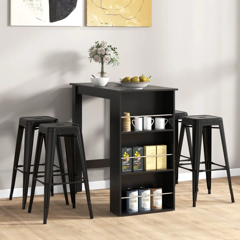 HOMCOM Mesa Alta de Bar, Mesa de Cocina con 3 Estantes Laterales, Estilo Moderno, para Comedor, Salón, 112x57x106 cm, Negro