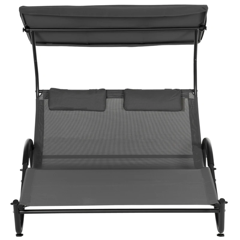 Outsunny Lettino Prendisole Reclinabile a 2 Posti con Ruote, Poggiatesta Imbottito e Tetto, 200x137x138 cm, Grigio