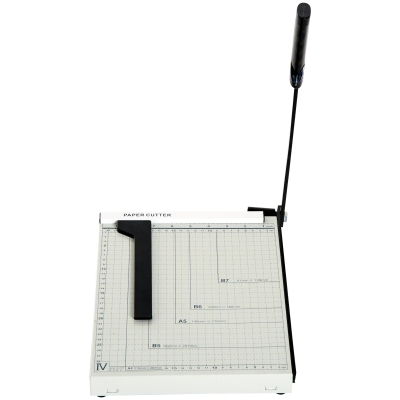 HOMCOM Cortador de Papel A4 Guillotina Profesional para Papelería Fotográfica Oficina Estudio Escuela Capacidad 12 Hojas con Regla Guía Cizalla de Cuchilla 48x26,5x5 cm Blanco