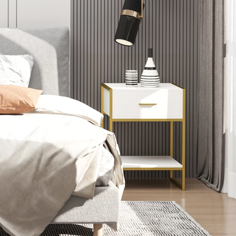 HOMCOM 2er-Set Nachttische, 1 Schublade, 1 Regal, 45 cm x 40 cm x 60 cm, Weiß + Gold