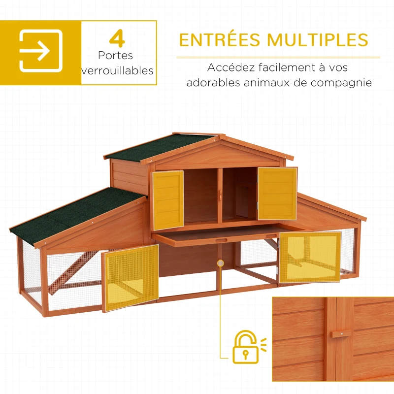 PawHut Clapier cage à lapins rongeurs poulailler XXL 2 étages 2 enclos tiroir déjection 2,25L x 0,70l x 1H m bois massif pin