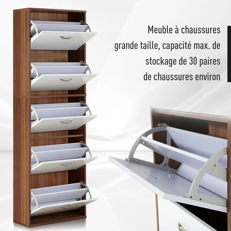 HOMCOM Armoire à Chaussures Meuble à Chaussures Design Contemporain 5 Portes abattantes Bicolore Blanc Marron foncé Imitation Bois