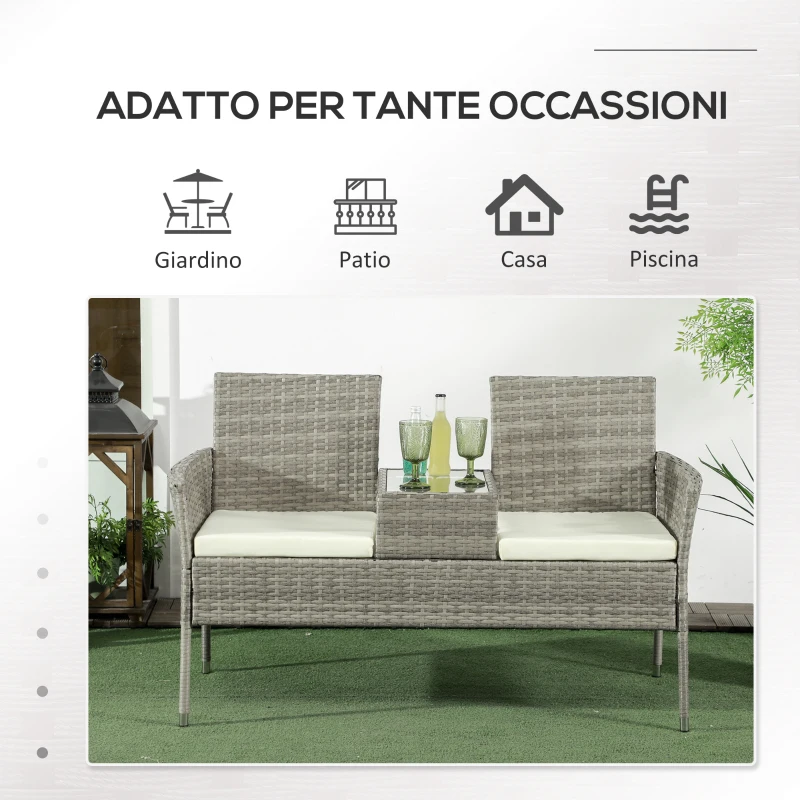 Outsunny Divanetto per Esterni 2 Posti con Tavolino da Caffè, in Acciaio e Rattan PE, 137x59x82 cm, Grigio e Crema
