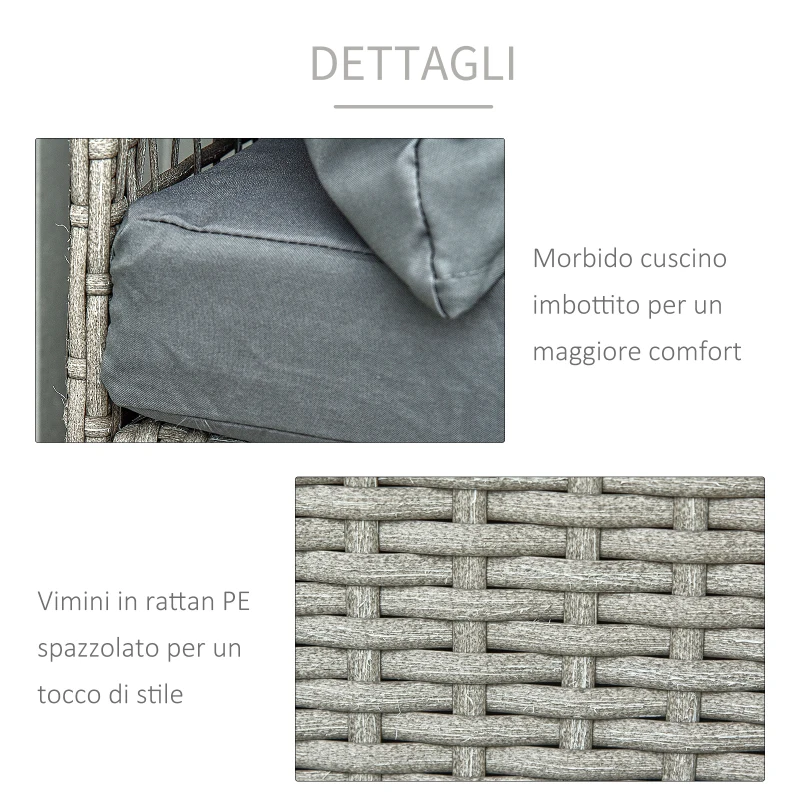 Outsunny Set Mobili da Giardino con Divano 2 Posti, Contenitore e Pouf in Rattan PE Salvaspazio con Cuscini, Grigio
