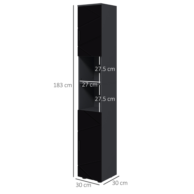 kleankin Colonna Bagno in Truciolato con 2 Ripiani Aperti e 2 Armadietti a 2 Livelli, 30x30x183 cm, Nero e Grigio