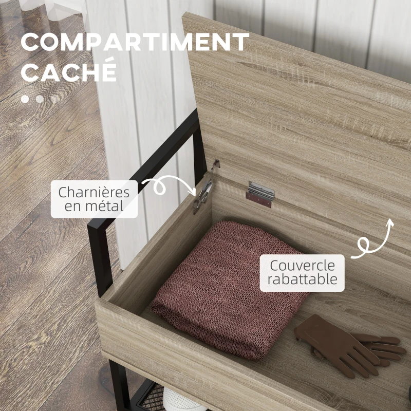 HOMCOM Banc à chaussures meuble de rangement étagère et compartiment caché à couvercle rabattable en bois chêne et noir