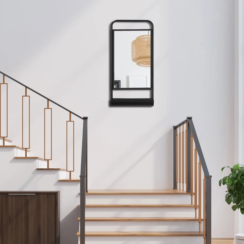 HOMCOM Specchio da Parete con Mensola Inferiore e Struttura in Metallo, 36.2x12x71.7cm, Nero