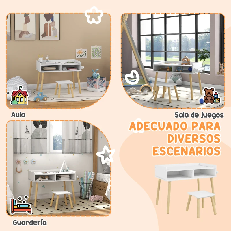 HOMCOM Juego de Mesa y Silla Infantil Mesa para Niños con Tablero de Bloques de Construcción y Rollo de Papel Blanco