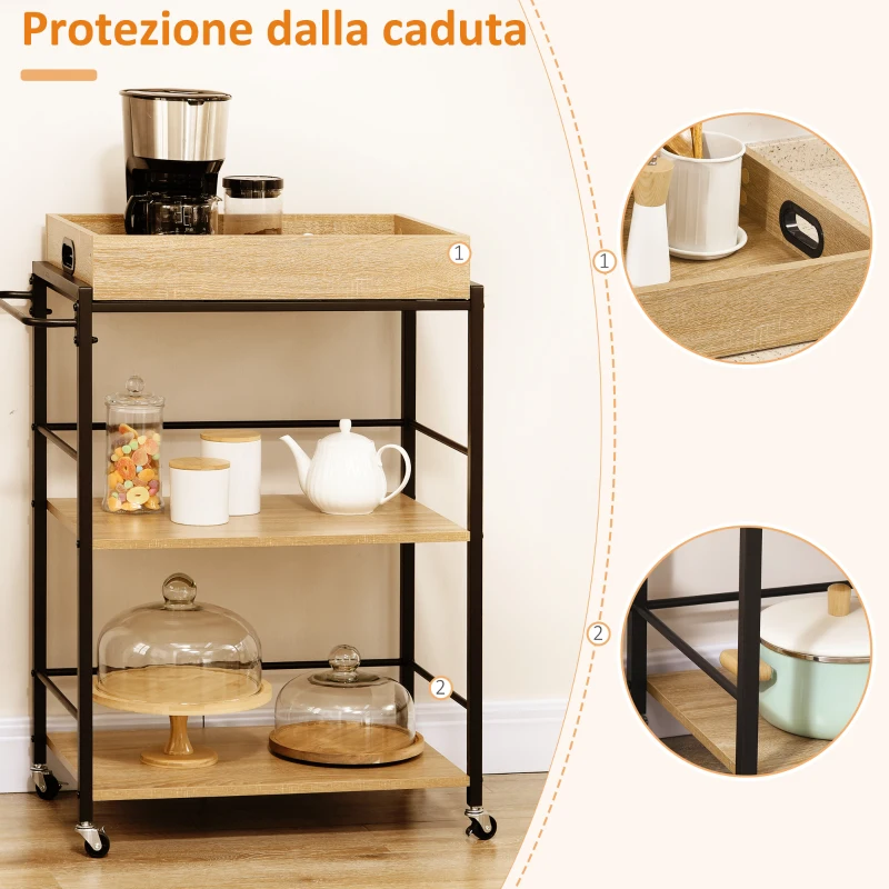 HOMCOM Carrello da Cucina a 3 Ripiani con Vassoio Rimovibile e Ruote Girevoli, 72x40x94cm, Legno e Nero