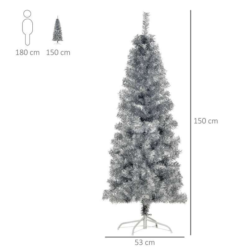 HOMCOM Albero di Natale Slim Artificiale Alto 150cm con 408 Rami, Albero di Natale Slim con Base Rimovibile, in PET e Acciaio, Argento