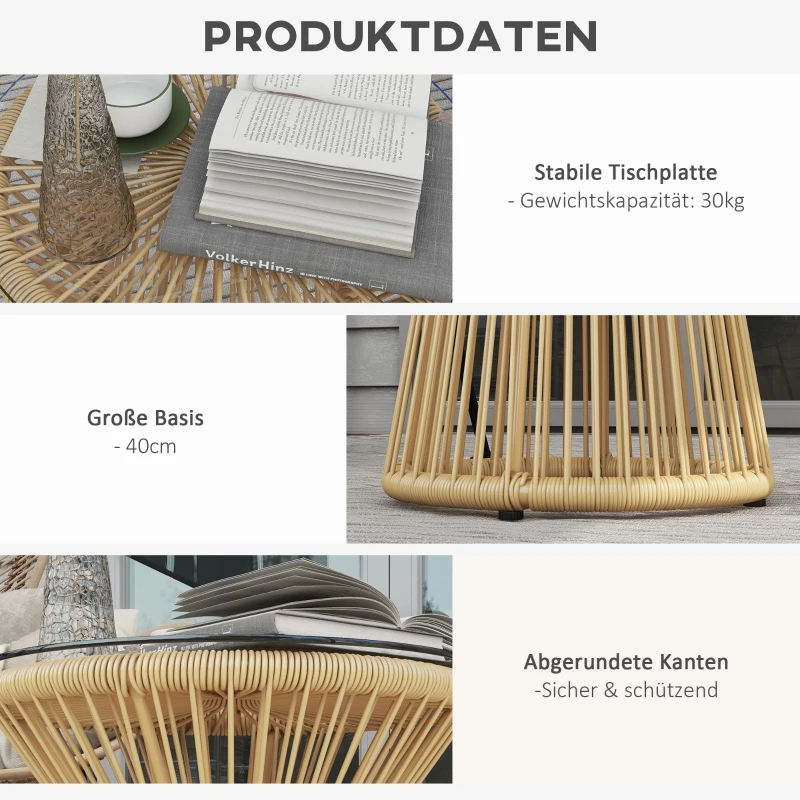 Outsunny Outdoor-Beistelltisch Gartentisch Rattan-Beistelltisch, Glasplatte, PE-Rattan, 40 cm x 40 cm x 42 cm Beige