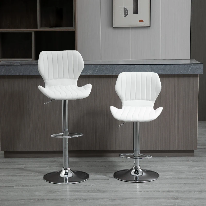 HOMCOM Juego de 2 Taburetes Altos de Cocina y Giratorio Taburetes Altos de Cuero Sintético con Respaldo y Estructura de Metal 47x51,5x92-114 cm Blanco