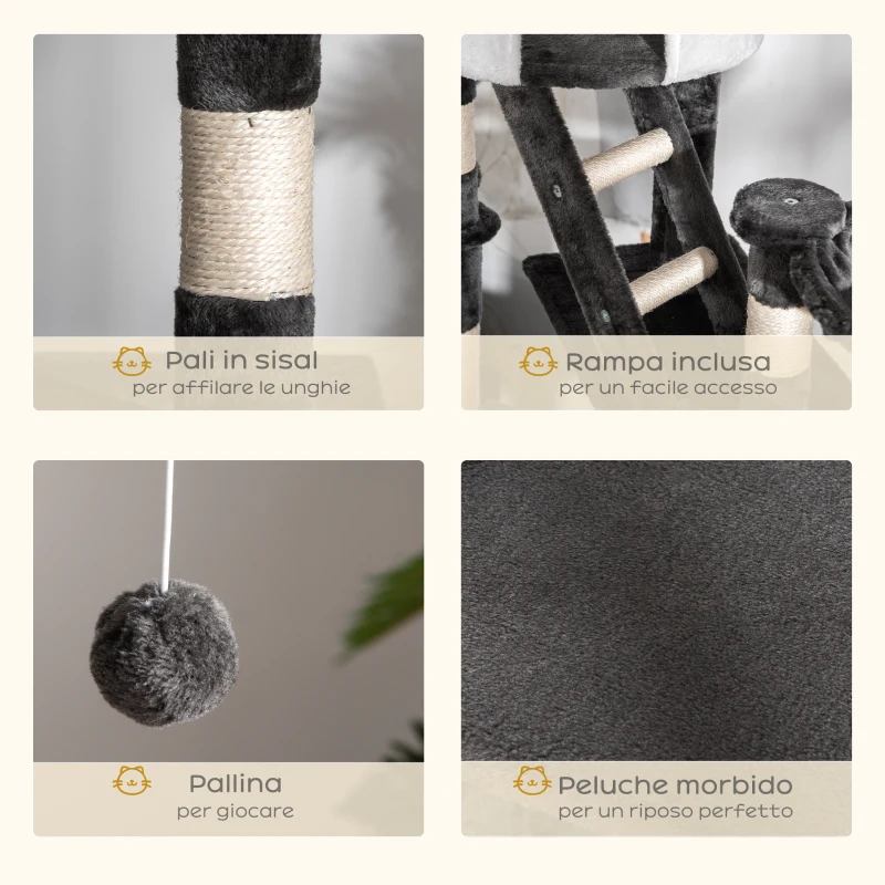 PawHut Tiragraffi per Gatti a Soffitto con Altezza Regolabile 240-260 cm, Albero Tiragraffi per Gatti Multilivello con Cucce, Amache e Scale, Corde in Sisal, Grigio Scuro e Bianco
