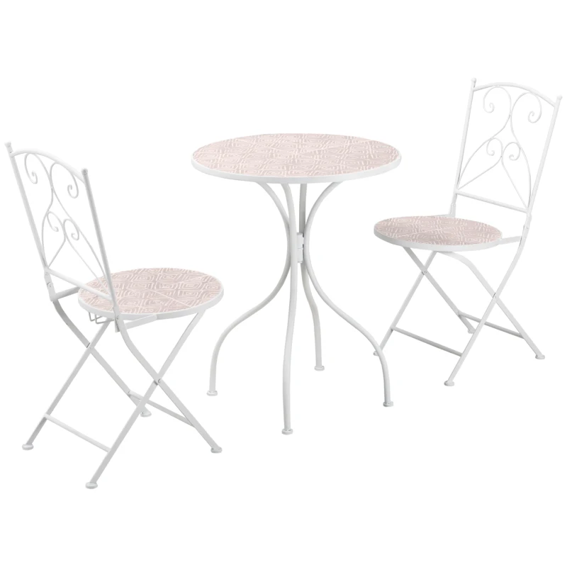 Outsunny Ensemble de jardin bistro 3 pièces 2 chaises pliantes et table ronde en métal époxy et plateau mosaïque - blanc