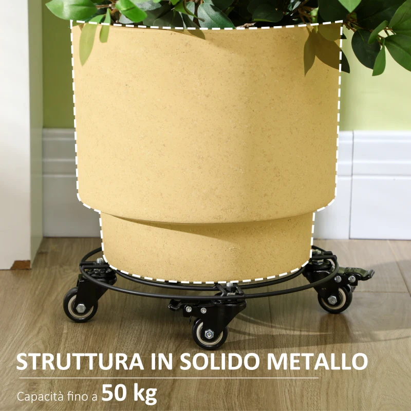Outsunny Carrello Sottovaso con Ruote Ø30cm in Metallo con Ruote Girevoli e Freno, Nero