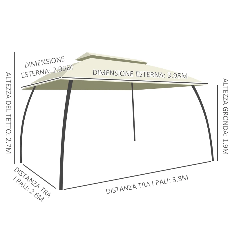 Outsunny Gazebo da Giardino 4x3m con Doppio Tettuccio, Pareti in Poliestere e Struttura in Acciaio, Beige